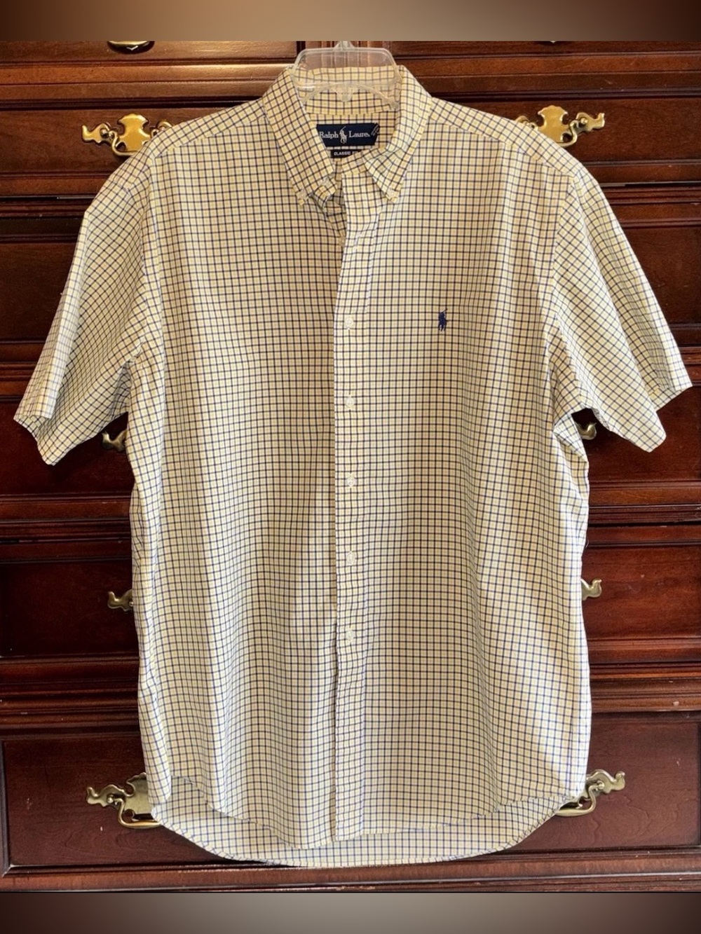 Ralph Lauren Shirt Yellow Blue Gingham Check Short Sleeve Button Down Blue Pony